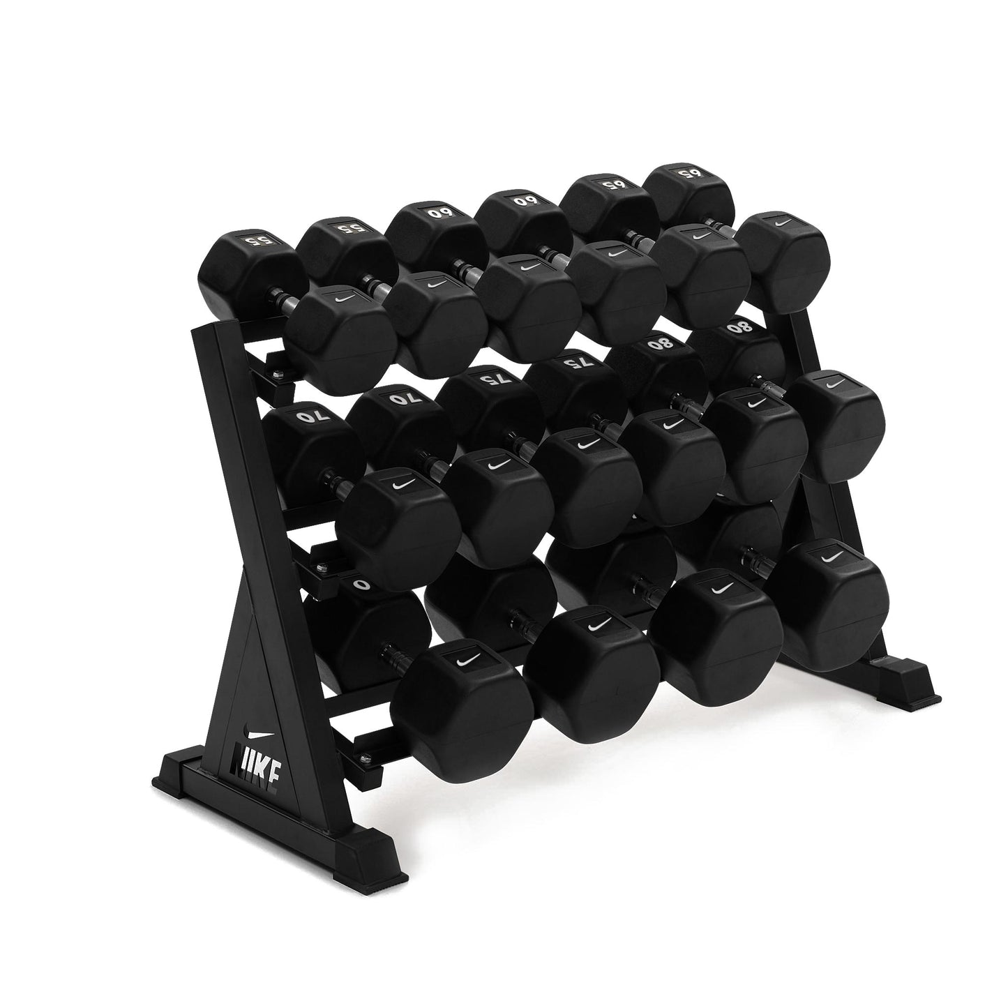 Heavy dumbbell rack with organized 55-100lb weights for commercial gym settings and serious strength trainers.