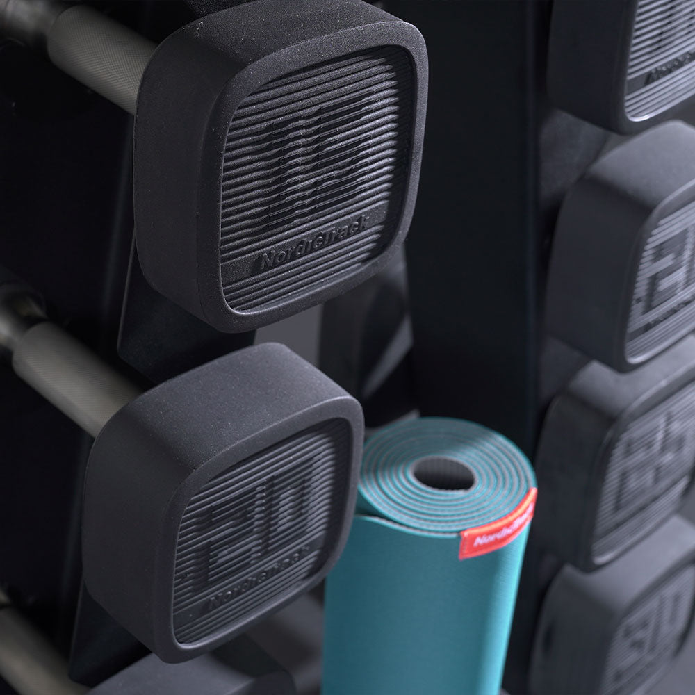 IFIT 5-30 URETHANE DUMBBELL SET WITH ACCESSORIES AND RACK