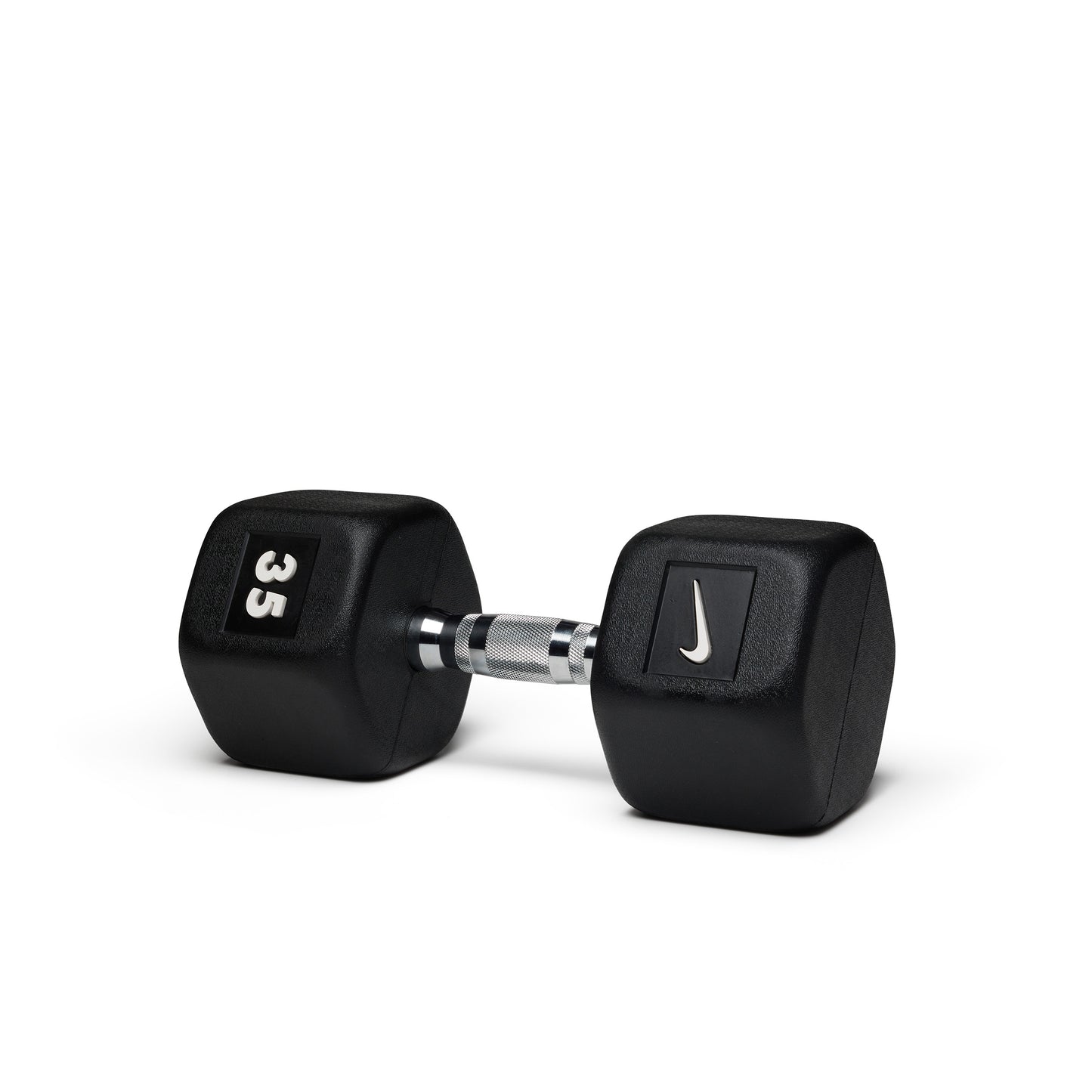 35lb black hex dumbbell with knurled handle for intermediate strength training and muscle toning exercises.