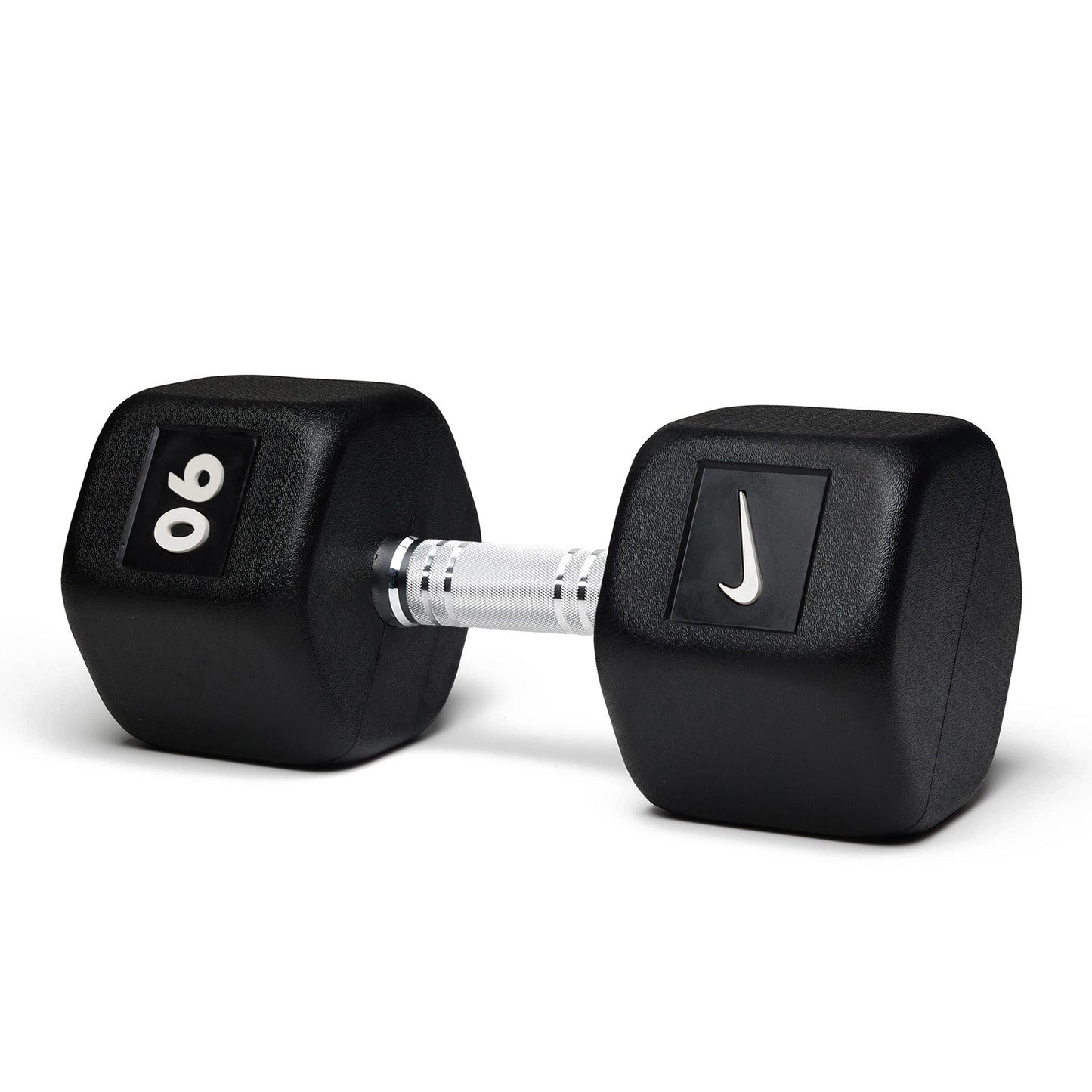 90lb black hex dumbbell with knurled handle grip for heavy strength training and muscle building exercises.