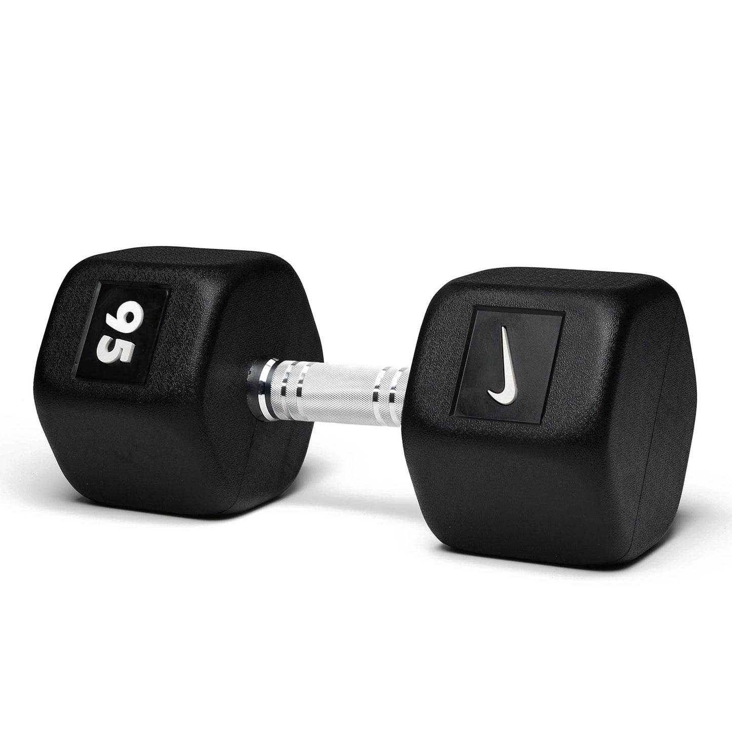 95lb black hex dumbbell with professional-grade construction for advanced strength training and powerlifting.