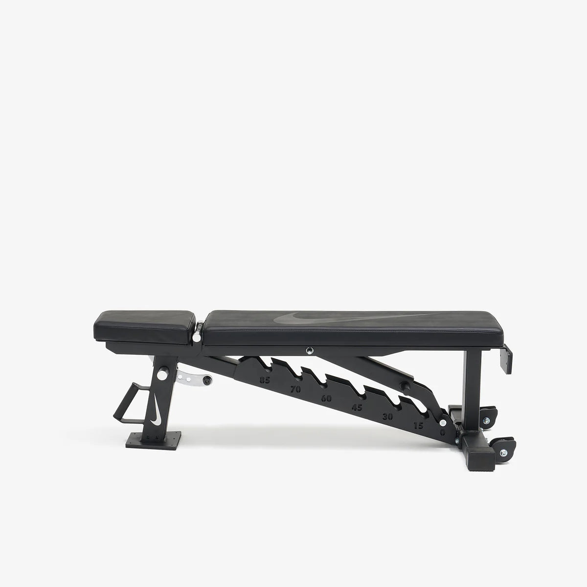 Nike Adjustable Bench in flat position featuring premium upholstery and sturdy steel frame construction.