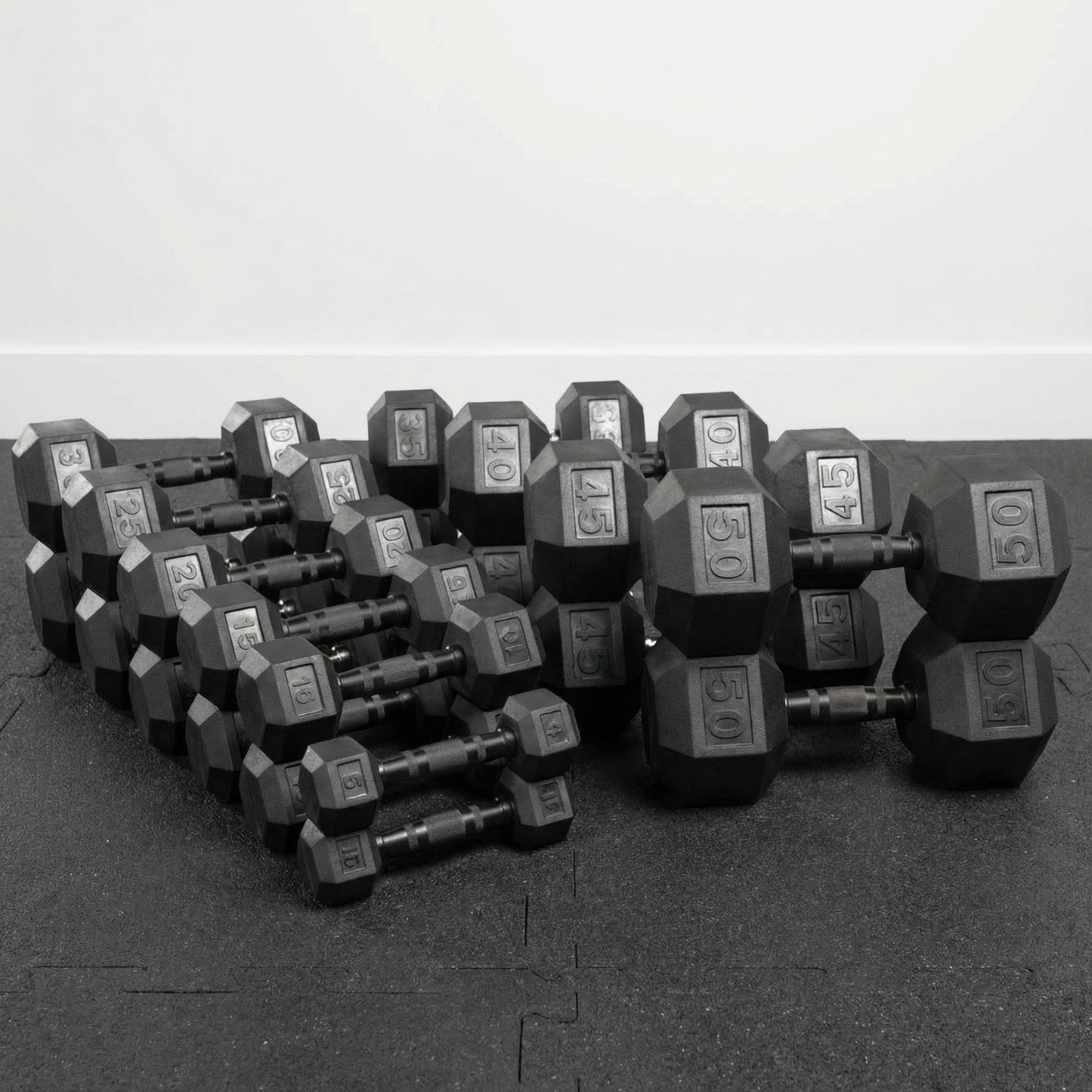 XM 10 PAIR VERTICAL RACK avec ENSEMBLE D'HALTÈRES HEXAGONALES EN CAOUTCHOUC VIERGE Element Fitness 5-50LB