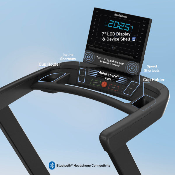 Nordic T-Series 8 treadmill console with touchscreen display, workout shortcuts, and performance tracking features.