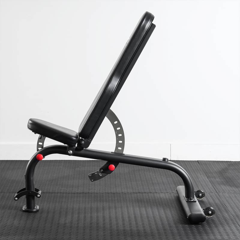 XM Fitness HD adjustable weight bench in incline position with durable black upholstery for strength training.