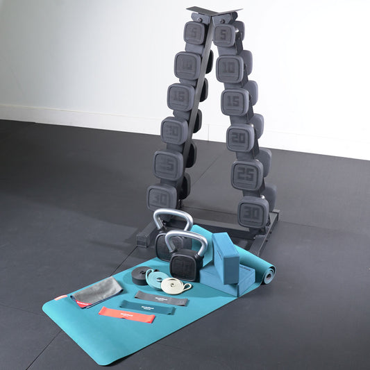 IFIT 5-30 URETHANE DUMBBELL SET WITH ACCESSORIES AND RACK