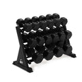 Heavy dumbbell rack with organized 55-100lb weights for commercial gym settings and serious strength trainers.