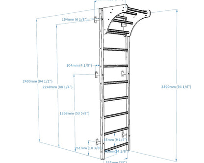 BenchK 711 Series 7 - Black - Wall Bars with Wooden Pull-Up Bar