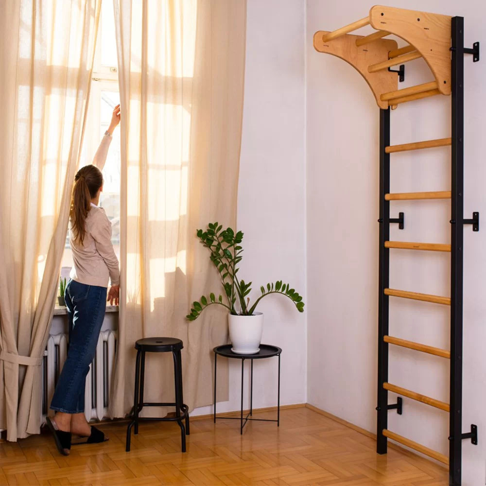 BenchK 711 Series 7 - Black - Wall Bars with Wooden Pull-Up Bar