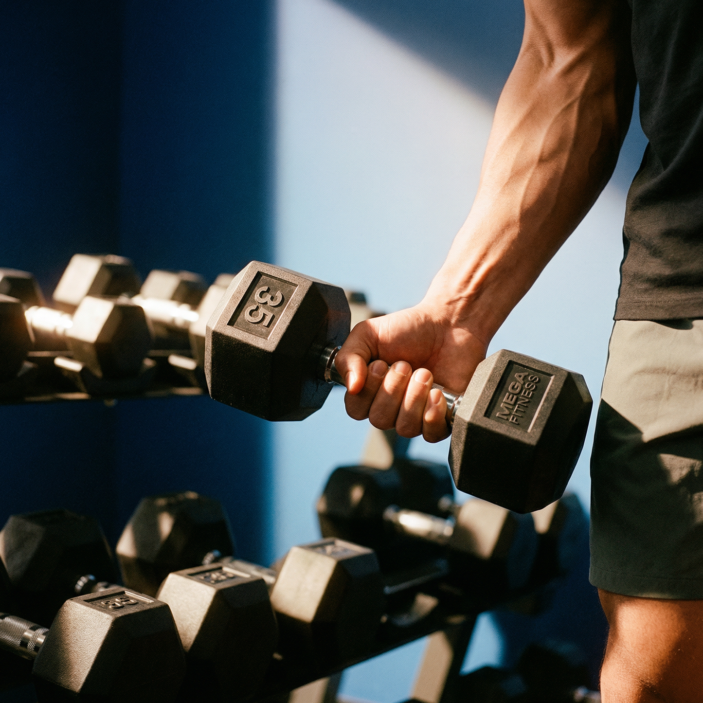 IRONAX 10 PAIR VERTICAL RACK with MEGA FITNESS 5-50LB RUBBER HEX DUMBBELL SET