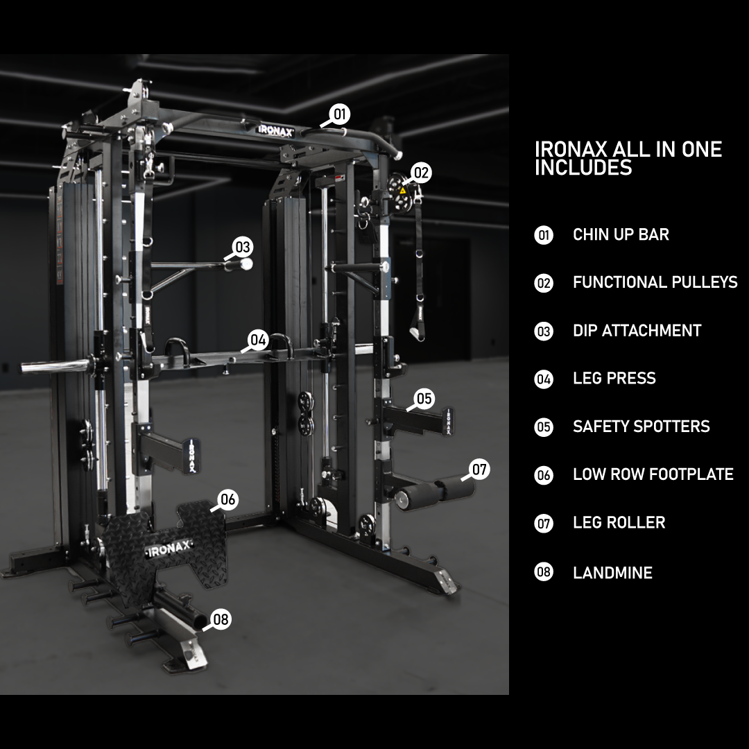 IronAX All-In-One home gym system with multiple workout stations for comprehensive strength training at home.