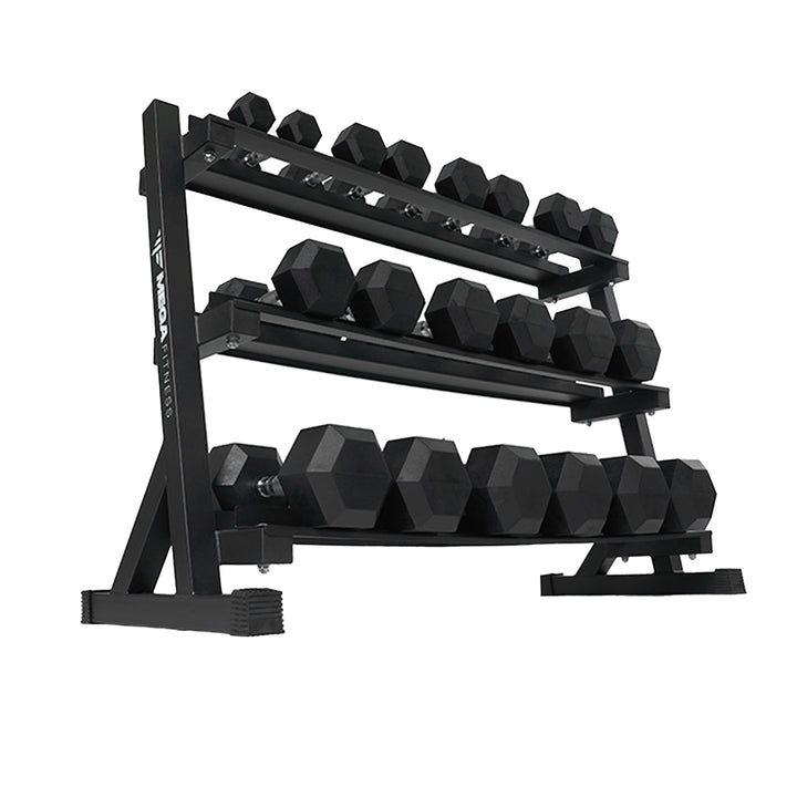 Mega Fitness - Rubber Hex Dumbbells Set 5-50lbs with Stand