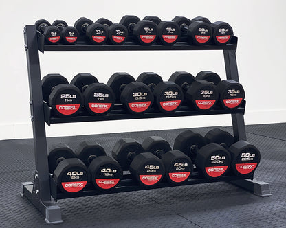 COREFEX 12 EDGES RUBBER DUMBBELL 5-50LB SET WITH STAND