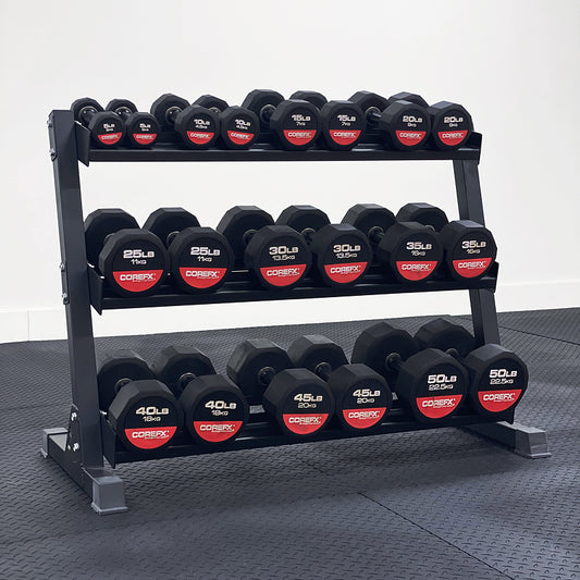 COREFEX 12 EDGES RUBBER DUMBBELL 5-50LB SET WITH STAND