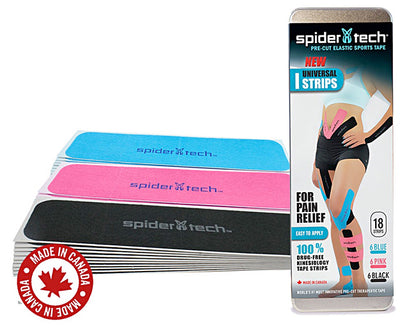 SpiderTech Multipack Universal I Strips Kinesiology Tape 18pc Tin Fitness Accessories Canada.