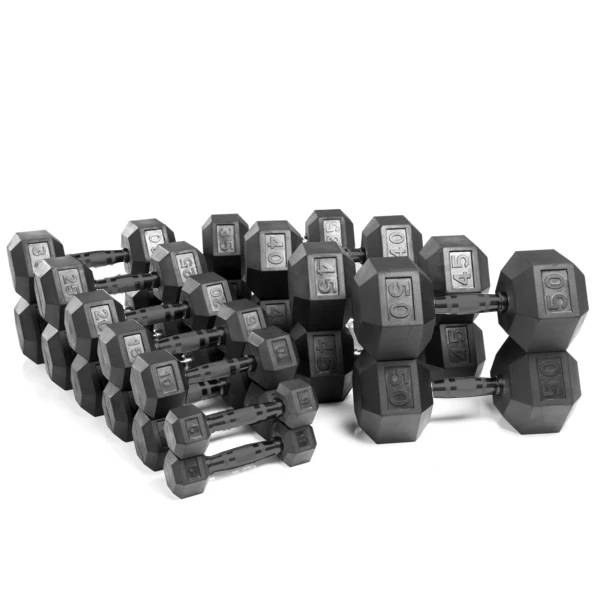 Prepacked 5-50LB Virgin Rubber Hex Dumbbell Set Strength & Conditioning Canada.