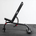 XM Fitness HD adjustable weight bench in incline position with durable black upholstery for strength training.